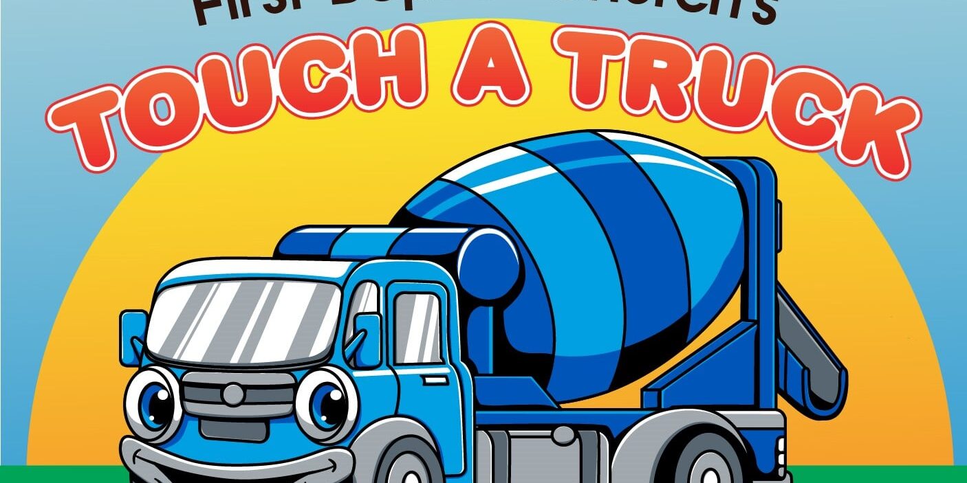 Logo for First Baptist Church's Touch A Truck with a blue cement truck cartoon character.