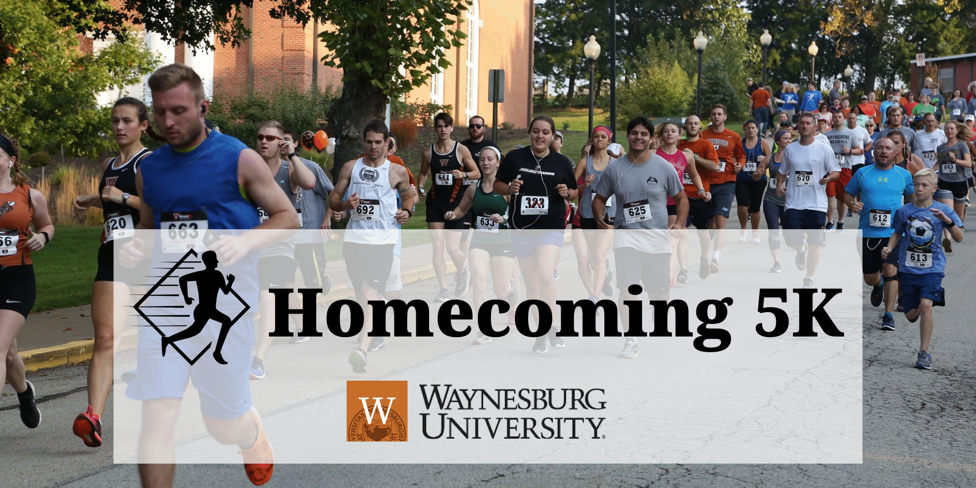 Runners of various ages participate in a road race on a campus street, with a banner reading “Homecoming 5K” and the Waynesburg University logo displayed.