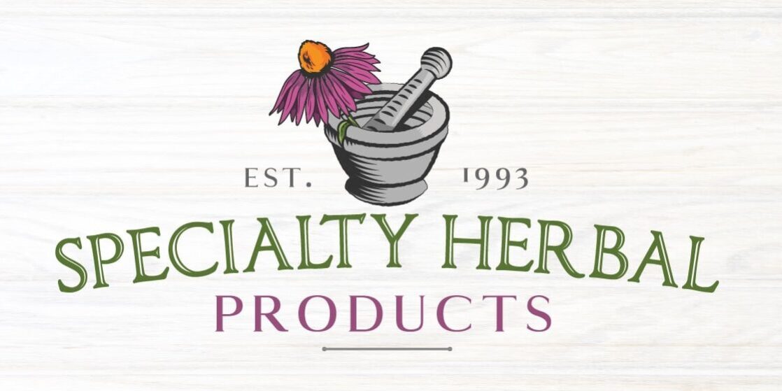 Specialty Herbal Products logo featuring a mortar and pestle with a purple coneflower, established 1993.