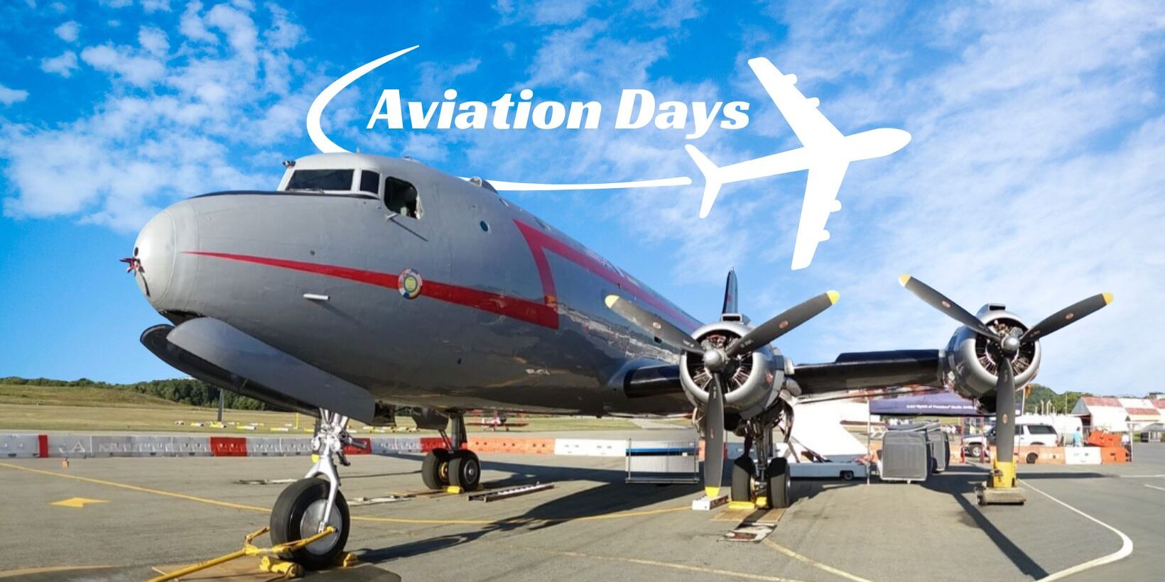 Promotional image for “Aviation Days” featuring a vintage propeller airplane on an airport tarmac under a blue sky, with a plane graphic flying overhead.