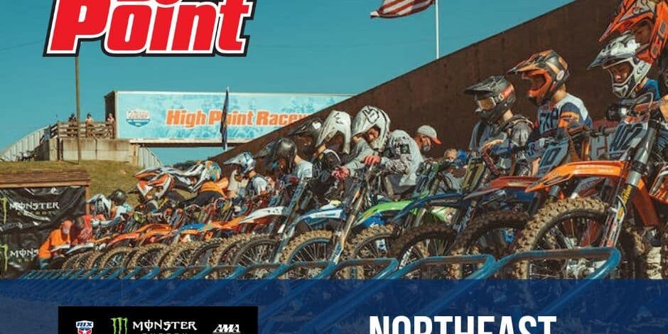 Promotional banner for the Northeast Amateur Regional motocross event at High Point Raceway. The image shows a lineup of motocross riders on dirt bikes at the starting gate wearing helmets and racing gear, with an American flag in the background. Text includes “High Point” and “Northeast Amateur Regional,” along with logos for the Monster Energy AMA Amateur National Motocross Championship at Loretta Lynn’s.