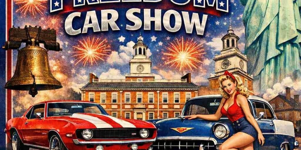 2026 Freedom Car Show Patriotic event poster for the “Freedom Car Show” celebrating America’s 250th anniversary, hosted by VFW Post 4793 Auxiliary in Waynesburg. The poster features fireworks, American flags, the Statue of Liberty, the Liberty Bell, vintage cars, and a pin-up model. Event details: July 11, 2026, from 10 AM to 2 PM, with a pin-up contest featuring Victory Dolls. Contact number listed for more information.
