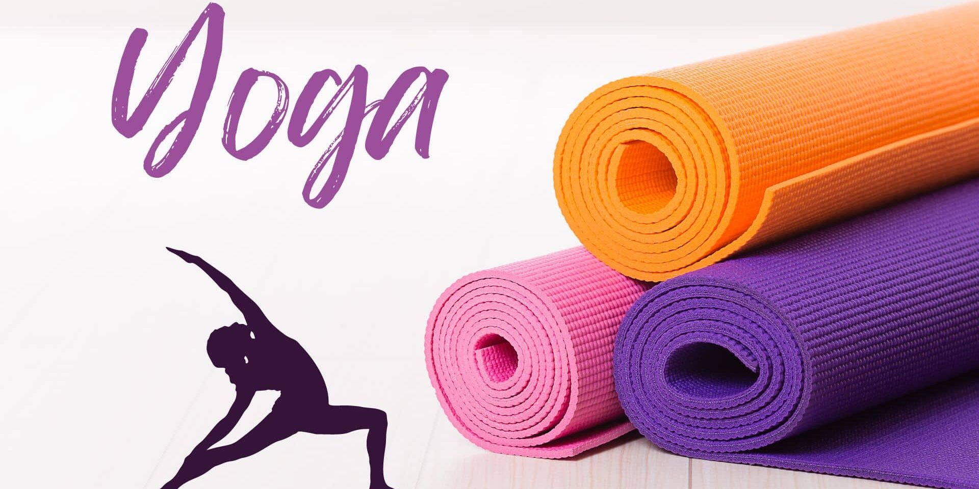 Image of three rolled yoga mats in orange, pink, and purple stacked together, with the word “Yoga” in purple script and a silhouette of a person in a yoga pose on a light background.