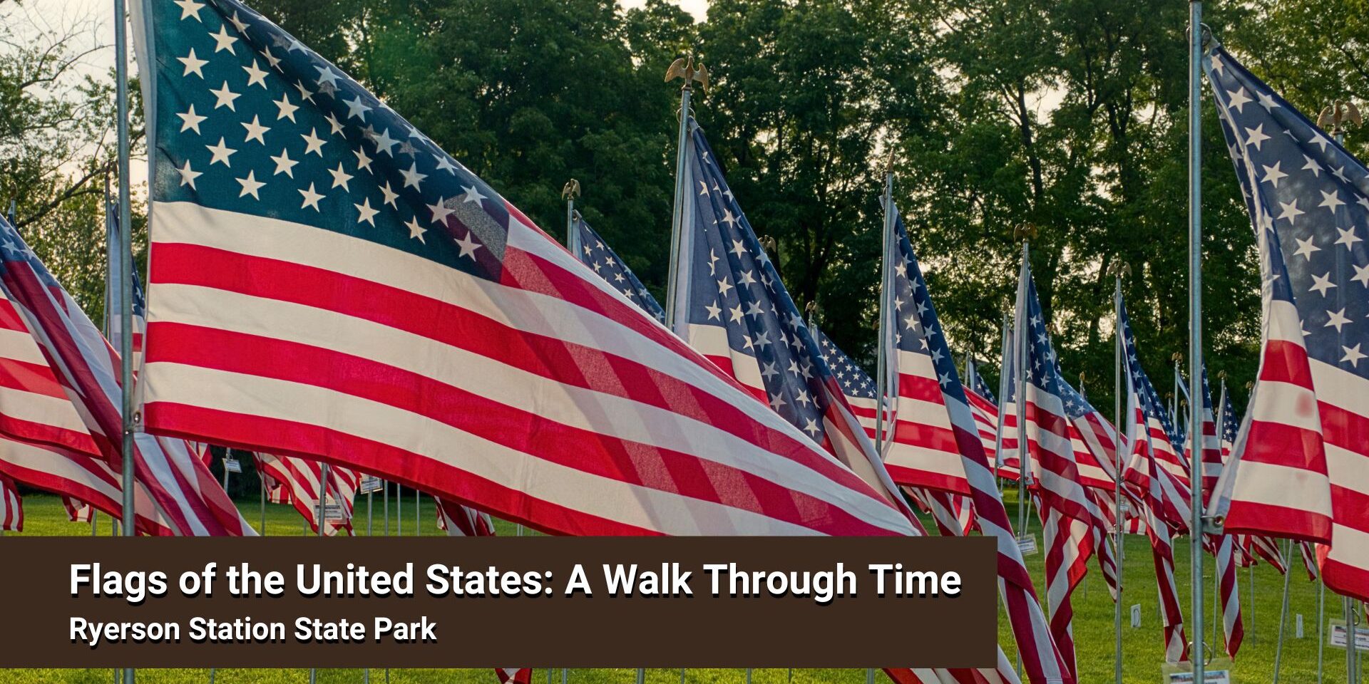 Rows of American flags displayed outdoors at Ryerson Station State Park with green trees in the background. Text overlay reads “Flags of the United States: A Walk Through Time – Ryerson Station State Park.”