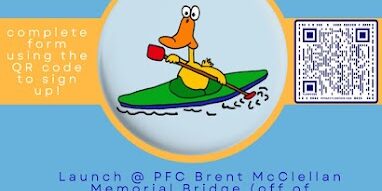 Flyer for the “St. Jude Ducky Dash Kayak Float” event featuring a cartoon duck paddling a kayak. Event takes place Saturday, August 13th, 2022 at 9:00 AM. Participants are invited to sign up via a QR code. Launch is at PFC Brent McClellan Memorial Bridge in Clarksville (off of Tiny Town Road), ending at Ozzy’s Bar and Grill. The event includes food, drinks, a cornhole tournament, auction, and baskets, with all proceeds benefiting St. Jude Children’s Research Hospital.
