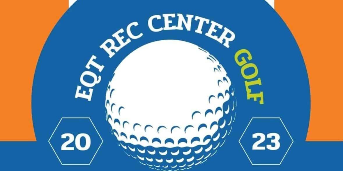 EQT Rec Center Golf Scramble 2023 graphic with golf ball and orange and blue design