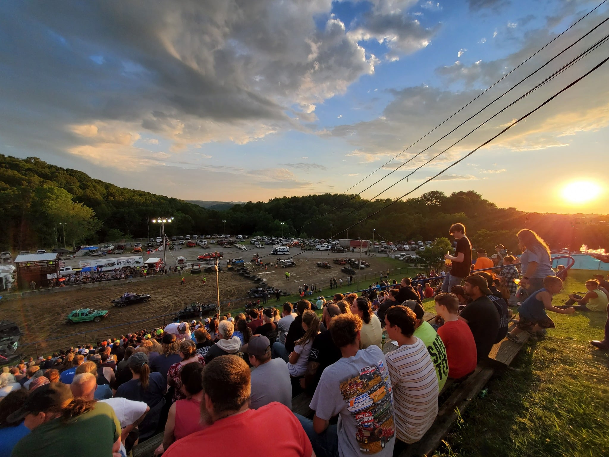 Photograph from the grandstand overlooking the Demolition Derby at the Jacktown Fair.