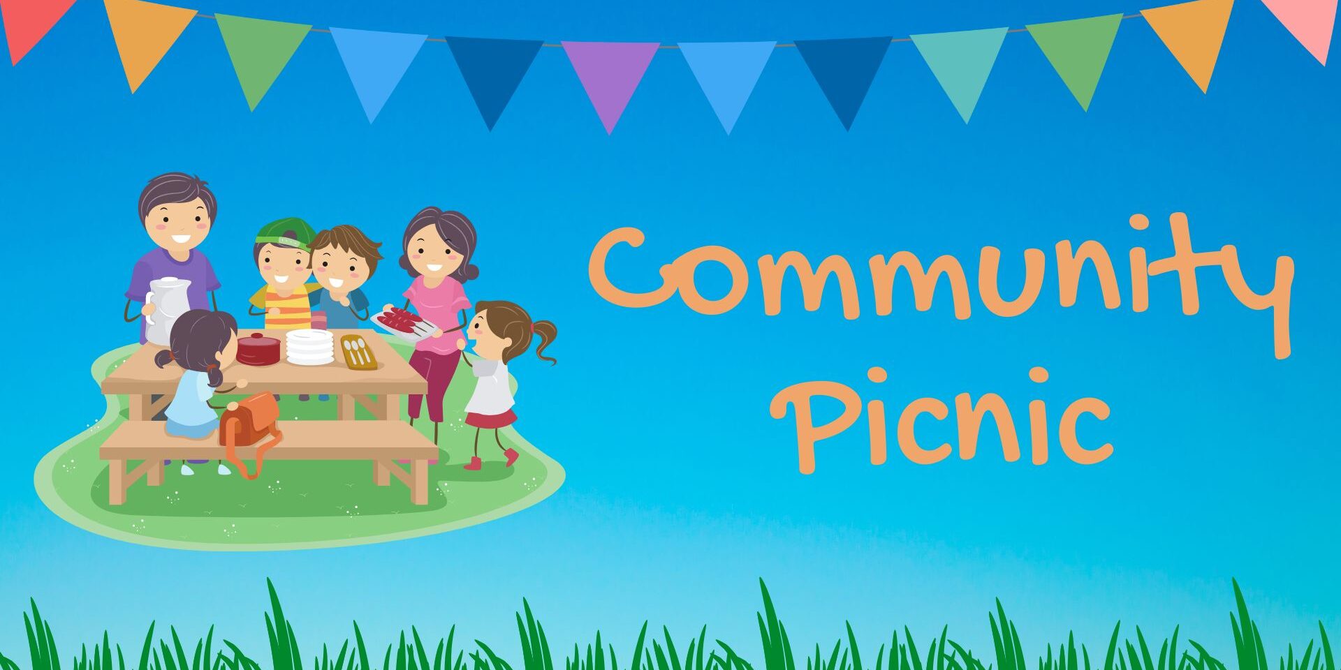 Community picnic banner with a group of smiling children gathered around a picnic table outdoors, sharing food and drinks under colorful bunting, with grass in the foreground and a bright blue sky background.