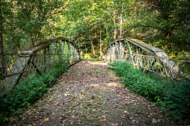 A narrow, weathered metal bridge with decorative railings spans a wooded area, surrounded by dense green trees and foliage. The dirt path across the bridge is scattered with fallen leaves, creating a quiet, rustic outdoor setting