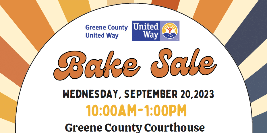 Flyer for Greene County United Way Bake Sale on Wednesday, September 20, 2023, from 10:00 AM to 1:00 PM at the Greene County Courthouse, with United Way logo and retro-style background.
