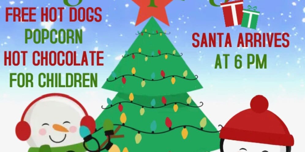 Colorful holiday event poster for the “1st Annual Christmas Light Up Night” hosted by Nemacolin VFD. The design features a decorated Christmas tree, string lights, a snowman, and a penguin. Text highlights include free hot dogs, popcorn, and hot chocolate for children, and Santa arriving at 6 PM. The event takes place Friday, December 8th at Nemacolin VFD on Roosevelt Blvd in Nemacolin, PA, with a Chinese auction and additional food available for purchase.