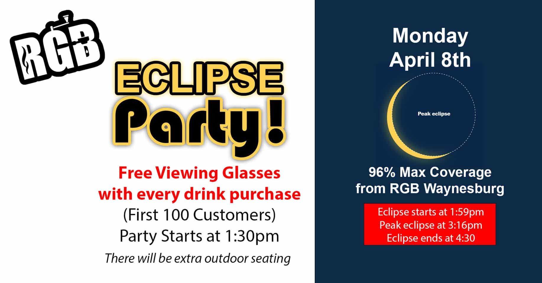 Flyer for RGB Coffee's solar Eclipse Party on Monday, April 8th. Free viewing glasses with every drink purchase for the first 100 customers.