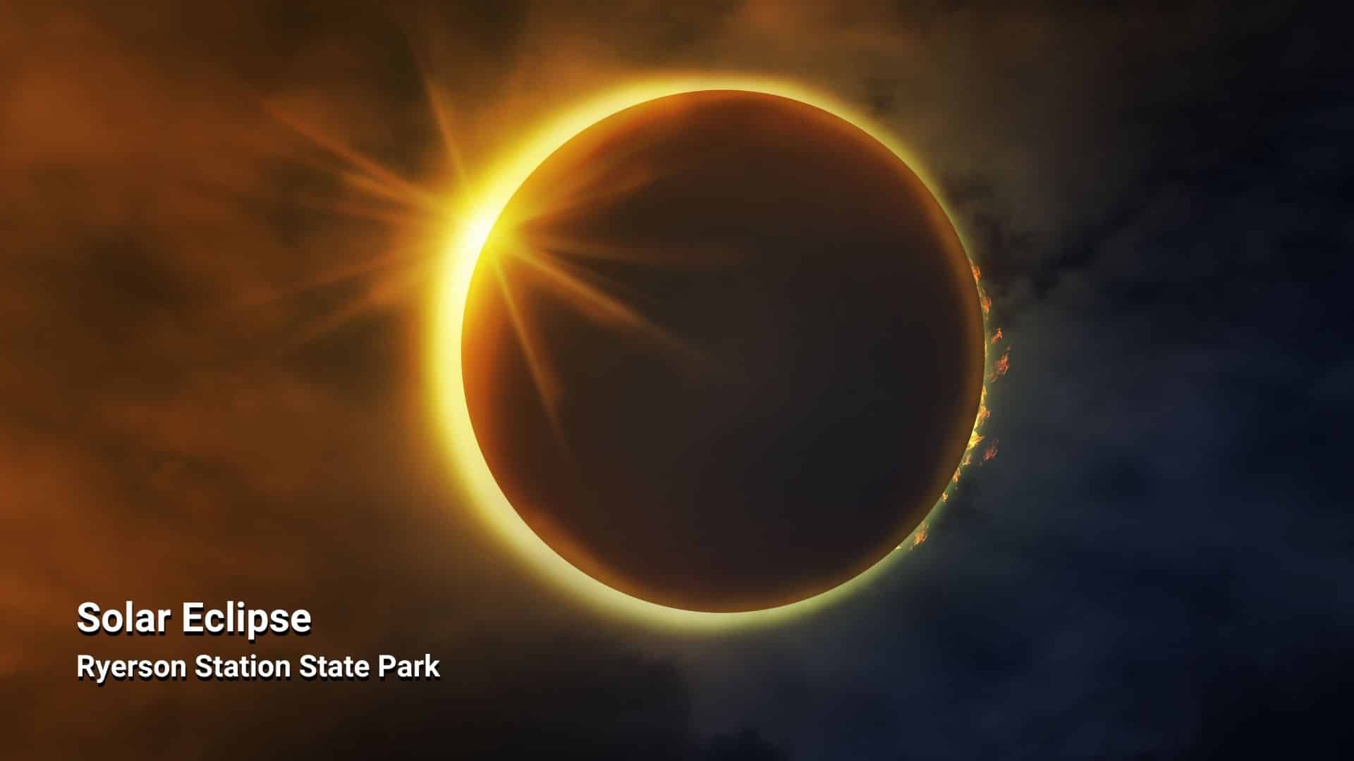 Photograph of a partial solar eclipse with a sun glare around a silhouette of the moon. White text says Solar Eclipse Ryerson Station State Park