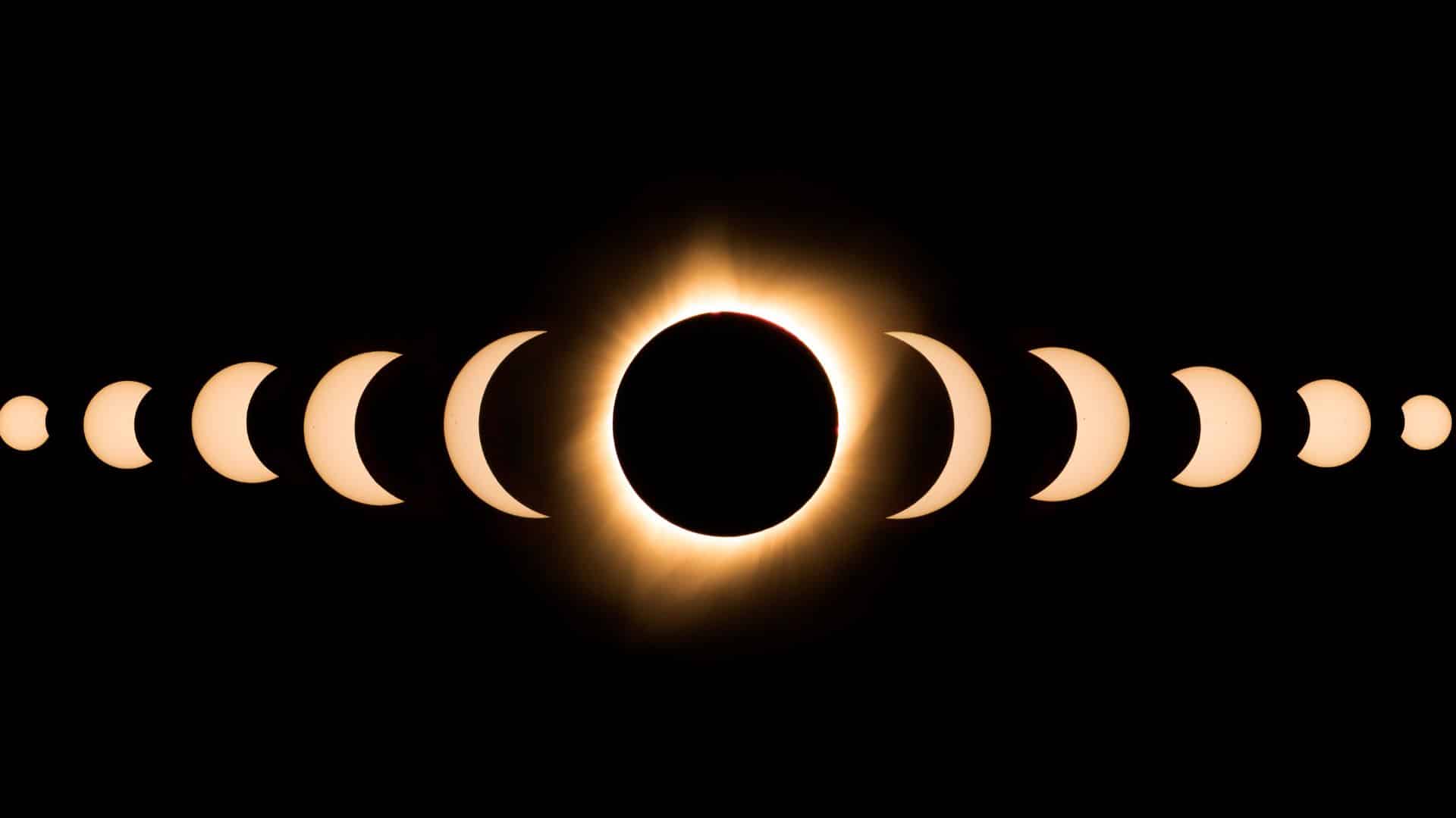 Illustrated timeline of the moon moving across the sun for a solar eclipse.