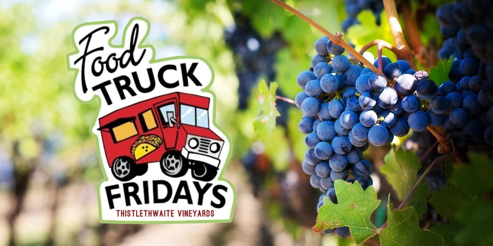 Photograph of purple grapes on a vine with the Food Truck Fridays logo.