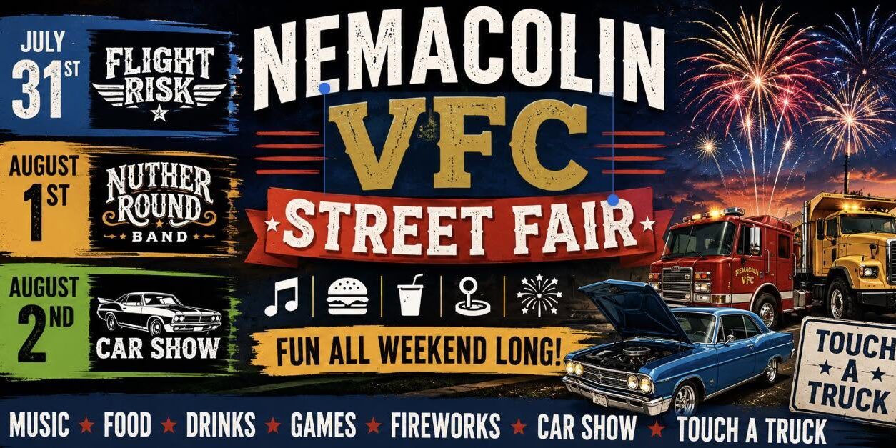 Promotional poster for the Nemacolin VFC Street Fair. Events include Flight Risk on July 31, Nuther Round Band on August 1, and a Car Show on August 2. The poster highlights music, food, drinks, games, fireworks, a car show, and a touch-a-truck attraction, with images of fireworks, fire trucks, a truck, and a classic blue car.