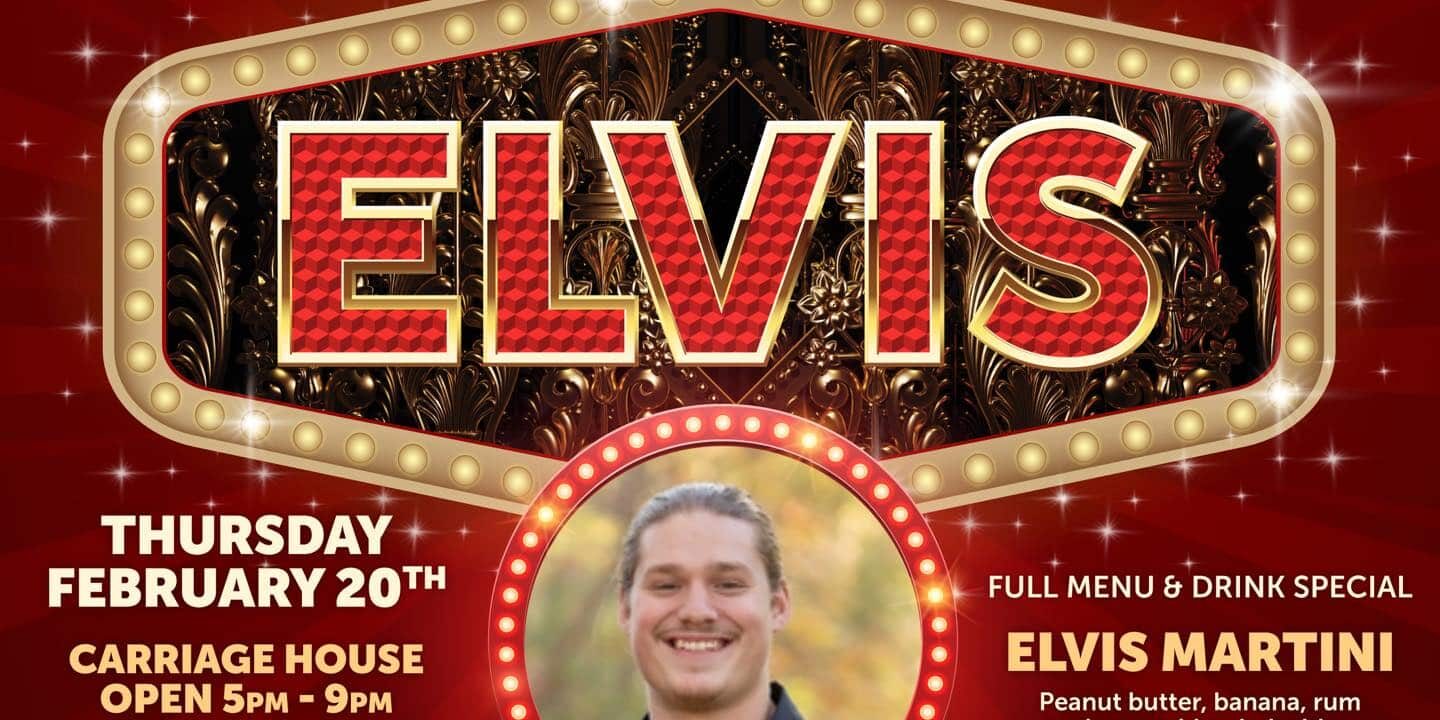 Promotional poster for “An Evening with Elvis” at The Denny House. Event takes place Thursday, February 20th. Carriage House open 5–9 PM; Elvis performs 6–8 PM. Featuring Devon Cowell (photo shown). Full menu and drink special “Elvis Martini” made with peanut butter, banana, rum, and cream. Location: 145 West High Street, Waynesburg, PA. Open to the public. Phone: 724-710-8056.