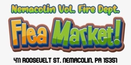 Logo for Nemacolin Volunteer Fire Department Flea Market. Text reads: 'Nemacolin Vol. Fire Dept. Flea Market!' with address '411 Roosevelt St., Nemacolin, PA 15351' below.