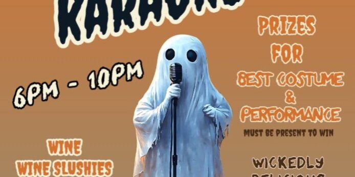 Poster for Thistlethwaite Vineyards Halloween Karaoke on Friday, October 10 from 6–10 PM. A ghost singing into a microphone appears in the center. Free admission with prizes for best costume and performance, music by DJ-K, wine, wine slushies and beer available, and food for purchase. Located at 151 Thistlethwaite Ln, Jefferson, PA