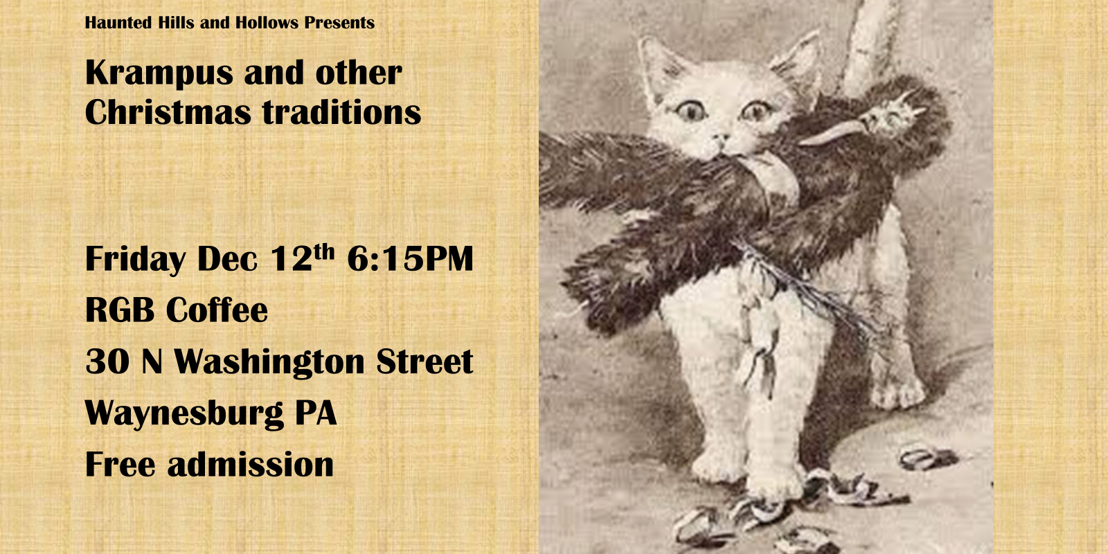 A vintage-style illustration of a white cat standing upright and holding a bundle of twigs or branches in its mouth, with broken shells on the ground near its feet. Event information text appears on the left side of the image.