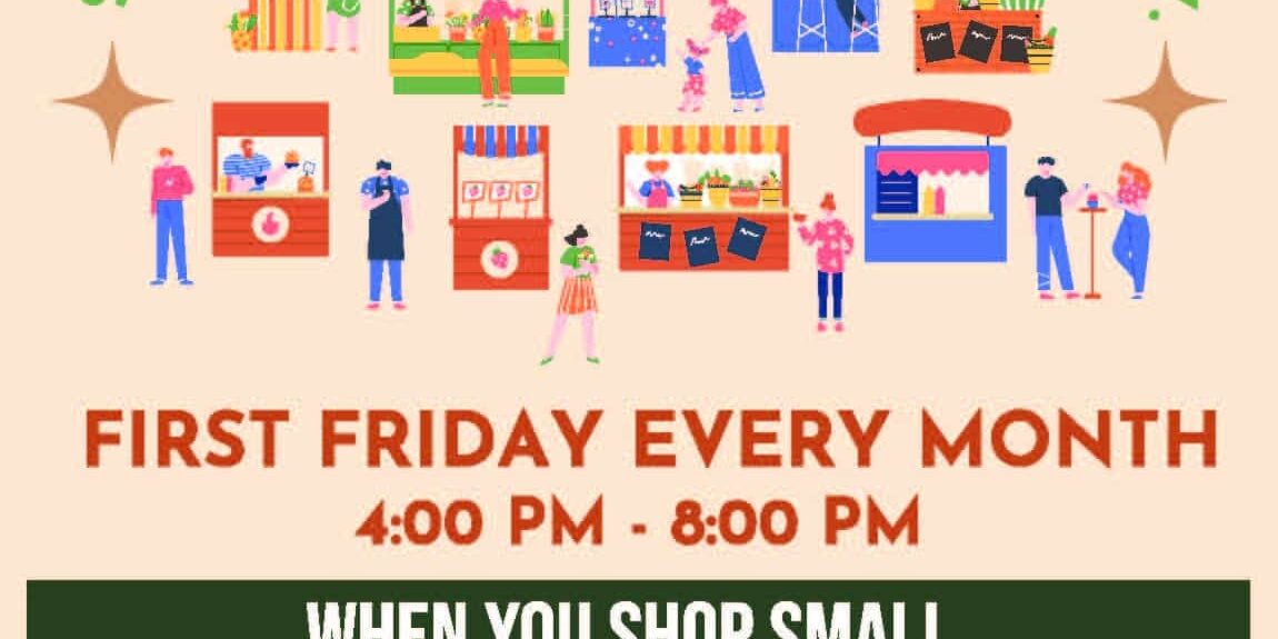 Flyer for The Way Local Vendor Show featuring illustrated vendor booths and shoppers, promoting a monthly event held the first Friday of every month from 4:00 PM to 8:00 PM at 209 W. High Street in Waynesburg, PA, encouraging people to shop local and support small businesses.