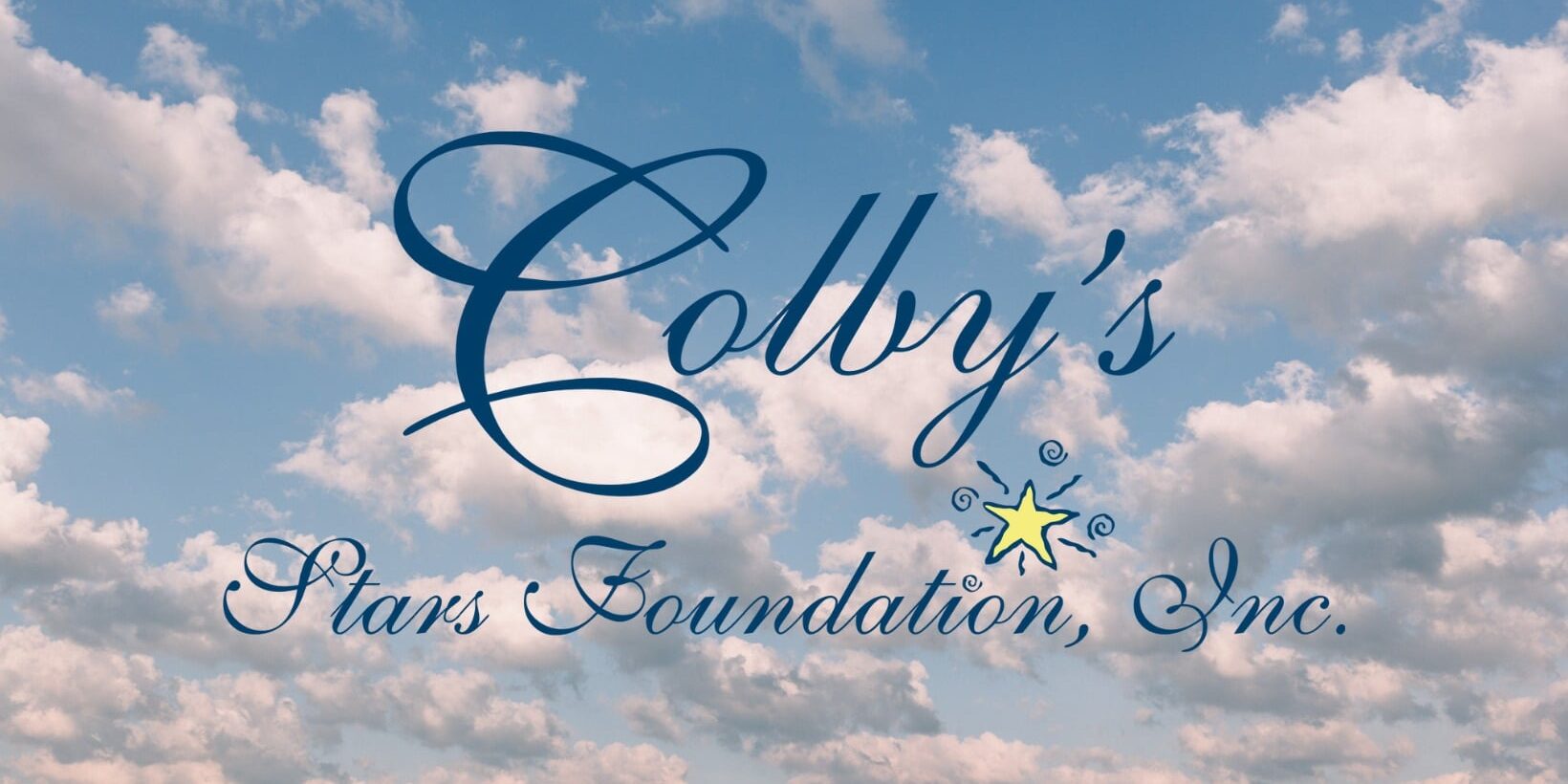 Logo for Colby's Stars Foundation, Inc., featuring elegant navy blue script text with a small yellow star and decorative swirls, set against a partly cloudy blue sky.