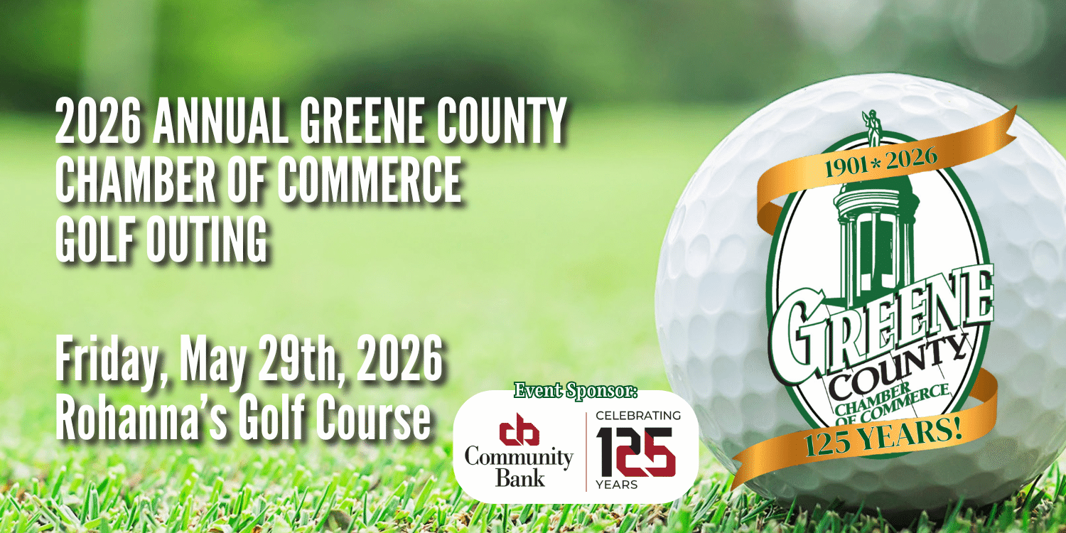 2026 Greene County Chamber of Commerce – Golf Outing Promotional graphic for the 2026 Annual Greene County Chamber of Commerce Golf Outing on Friday, May 29, 2026, at Rohanna’s Golf Course. The image features a golf ball with the Greene County Chamber of Commerce 125 Years logo and Community Bank as the event sponsor.