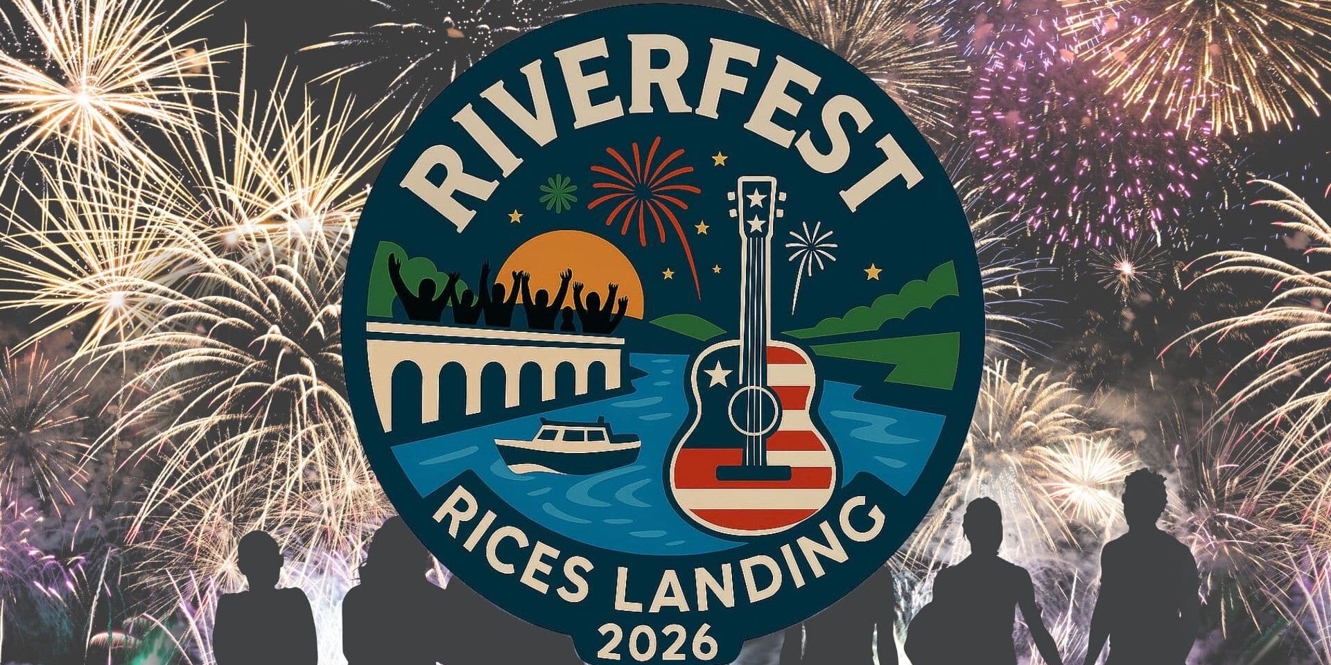 Promotional graphic for Riverfest at Rices Landing 2026 featuring colorful fireworks in the night sky, silhouettes of people watching, and a circular logo with a river scene, boat, cheering crowd, bridge, and an American flag guitar. Text reads “Riverfest – Rices Landing – 2026.”