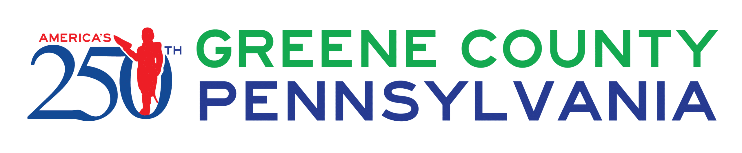 Logo for the 250th anniversary of Greene County, Pennsylvania. The design features the text ‘America’s 250th’ with a red silhouette figure inside the number 0, alongside large green and blue text reading ‘Greene County Pennsylvania.