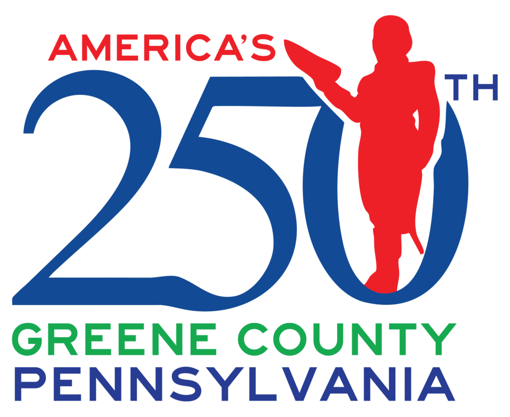 Logo for “America’s 250th – Greene County, Pennsylvania” featuring large blue “250” lettering with a red silhouette of a historical figure holding a flag inside the zero. The words “America’s,” “Greene County,” and “Pennsylvania” appear in red, green, and blue text on a light gray background.