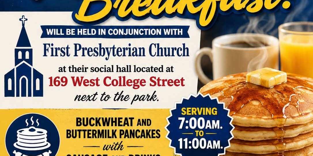 Flyer for the St. Ann Knights of Columbus Rain Day Breakfast. Breakfast will be held at First Presbyterian Church Social Hall, 169 West College Street, Waynesburg, next to the park, on Rain Day from 7:00 a.m. to 11:00 a.m. Menu includes buckwheat and buttermilk pancakes, sausage, and drinks. Donations will be accepted for Greene County Habitat for Humanity. The flyer features a yellow umbrella, Knights of Columbus logo, church icon, and a breakfast plate with pancakes, butter, syrup, sausage, coffee, and orange juice on a rainy blue background.