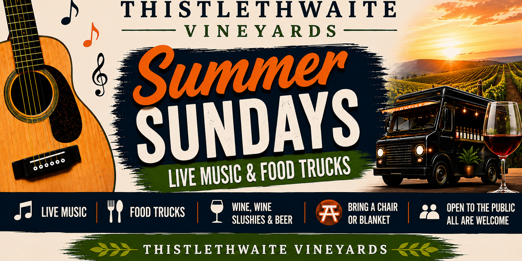 Summer Sundays at Thistlethwaite Vineyards Summer Sundays at Thistlethwaite Vineyards featuring live music, food trucks, wine, wine slushies, and beer. Bring a chair or blanket. Open to the public; all are welcome.