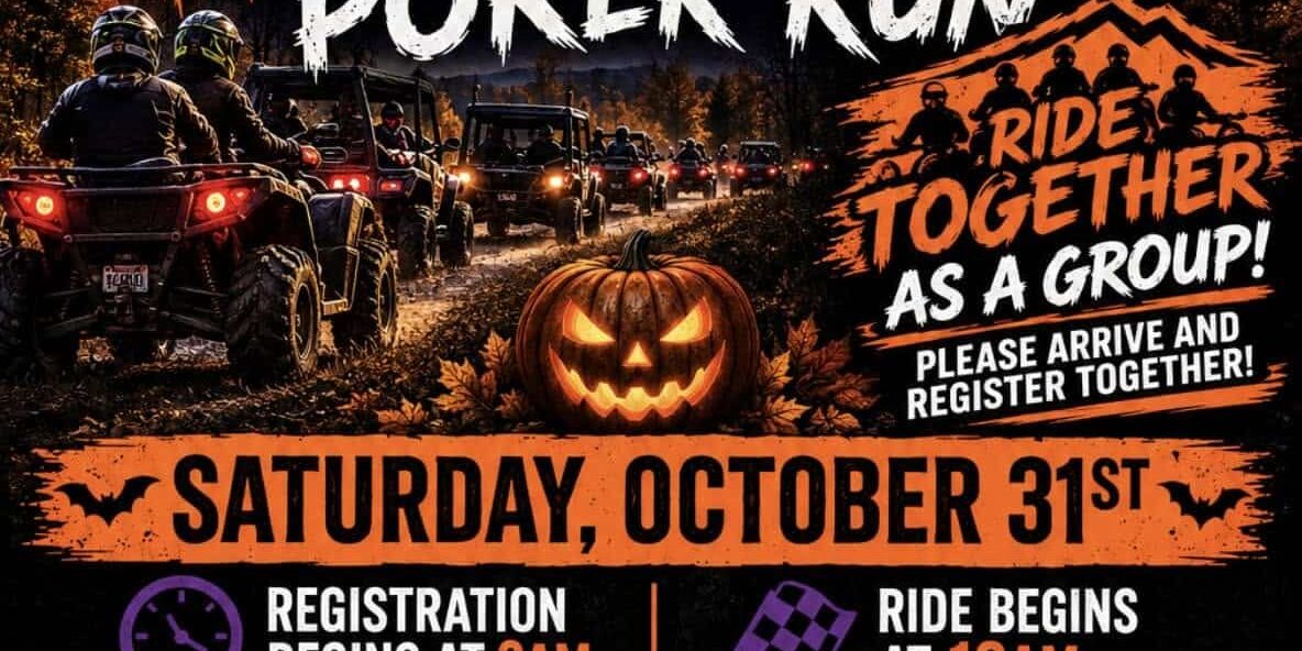 Morris Twp VFD Halloween Poker Run Flyer for the Morris Township VFD ATV/UTV Halloween Poker Run on Saturday, October 31. Registration begins at 9 a.m. and the ride starts at 10 a.m. The event starts and ends at the fire hall and features ATV/UTV riding, a poker run, lunch, raffles, trunk-or-treat, a buggy decorating contest and games for kids. All proceeds benefit the Morris Township Volunteer Fire Department.