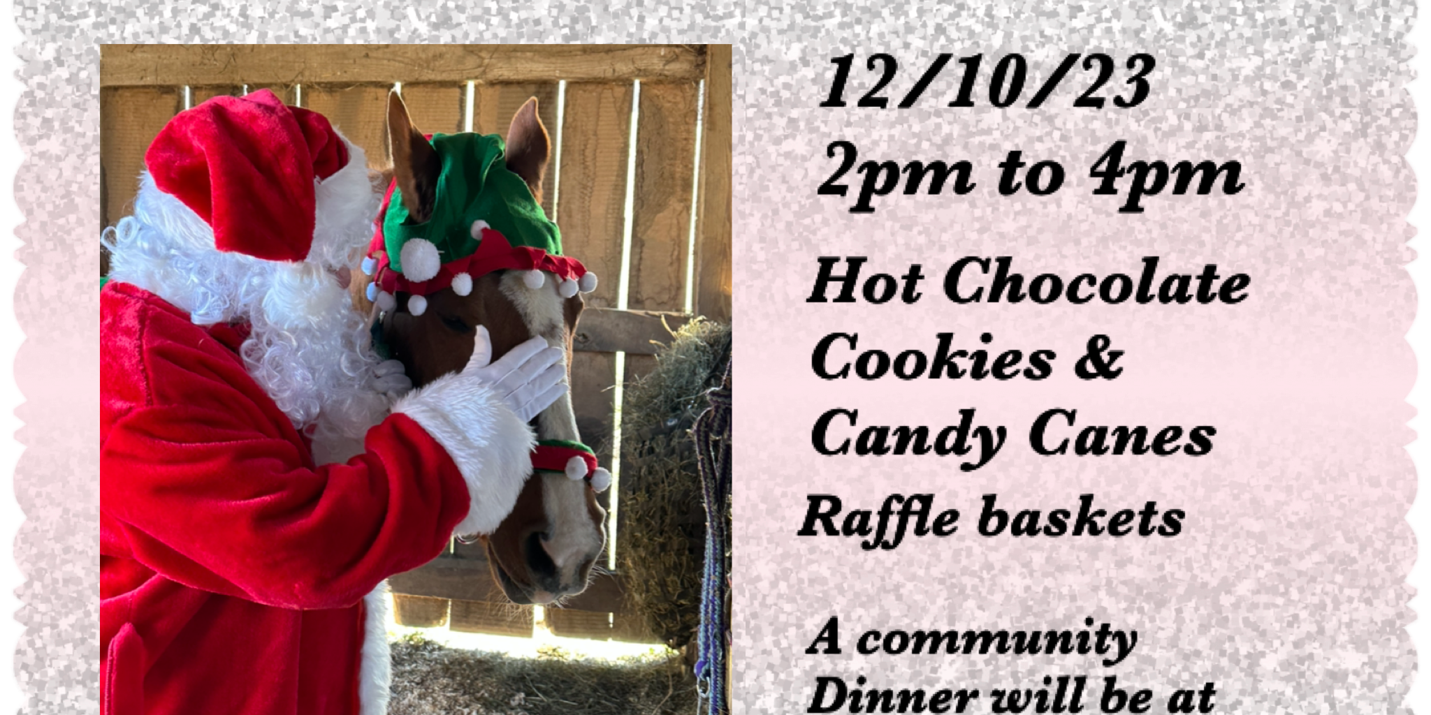 Flyer for a holiday event at Hoofprints & Angel Wings Rescue featuring Santa visiting a horse in a festive hat. Text reads: “Guess who’s coming to Hoofprints & Angel Wings Rescue — Santa.” Event details: December 10, 2023, from 2 PM to 4 PM. Activities include hot chocolate, cookies, candy canes, and raffle baskets. Location: 274 Yukon Hill Rd, Graysville, PA 15337. A community dinner will follow at the Graysville Firehall starting at 5 PM.