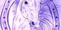 A purple-toned hand-drawn illustration of a horse’s head framed inside a horseshoe, with the words “Save a Horse Stable” written along the bottom.