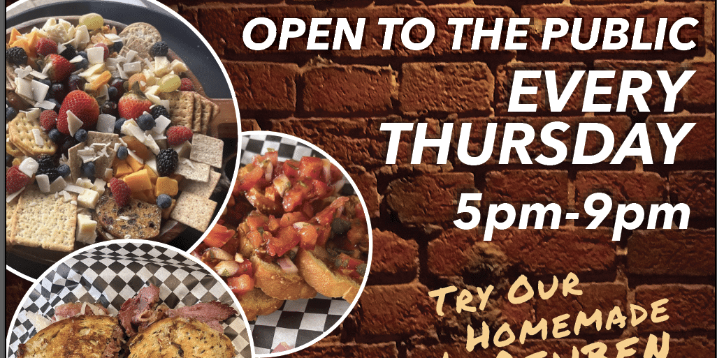 Promotional flyer for The Denny House Carriage House featuring a brick background and photos of food including a charcuterie board, bruschetta, and a Reuben sandwich. Text reads: “Open to the public every Thursday, 5pm–9pm. Try our homemade Reuben sandwich! Full menu and drink specials.” Location listed as 145 W. High Street, Waynesburg, with a phone number.