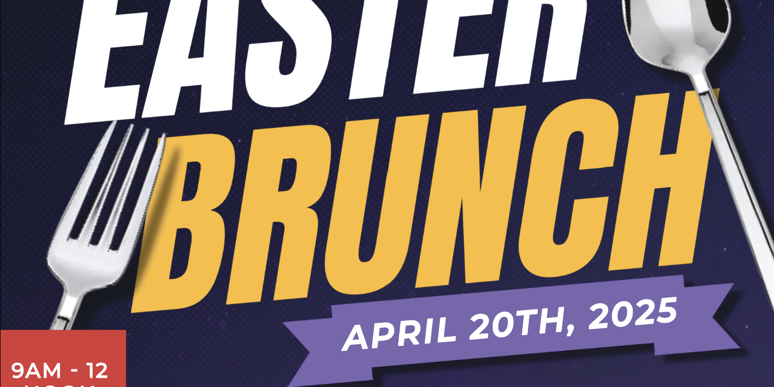 Promotional poster for an Easter Brunch at The Denny House. Text reads: “Join us Easter Sunday at The Denny House for Easter Brunch. Buffet style. April 20th, 2025, 9 AM–12 noon.” Menu includes ham, turkey, green beans, hash brown casserole, eggs, bacon, sausage, French toast, cinnamon buns, corn casserole, salad, homemade bread, fruit, desserts, and veggie display. Bloody Marys and mimosas available. Pricing: adults $40, kids under 10 $20. Reservation required. Call 724-710-8056 or email innkeeper@dennyhousewbg.com . Design features bold ‘Easter Brunch’ text with bunny ears, fork and spoon graphics on a dark purple background.