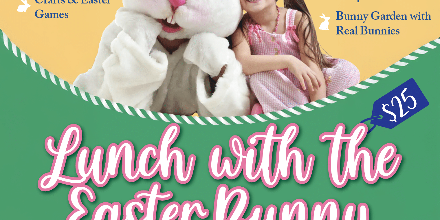 Promotional flyer for “Lunch with the Easter Bunny” at The Jenny House. Event is Saturday, April 19th at 12 noon, $25 per person. Features a child smiling next to a large Easter Bunny. Activities include coloring eggs, face painting, crafts and Easter games, Easter egg hunt, stuffed bunny adoption, and a bunny garden with real bunnies. Reservation required; call 724-710-8056 or email innkeeper@jennyhousewbg.com .