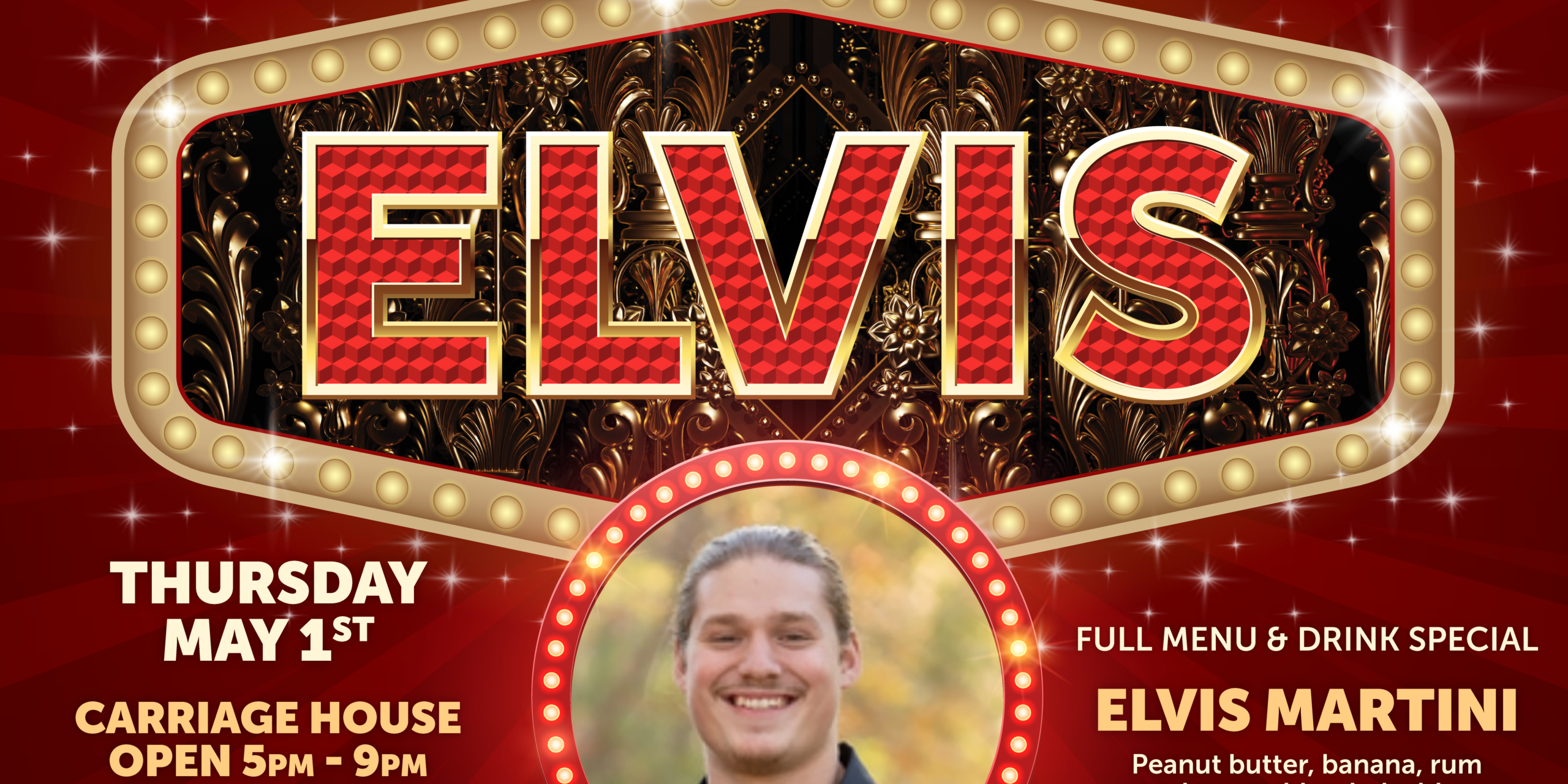 Promotional poster for “An Evening with Elvis” presented by The Denny House in Waynesburg, Pennsylvania, on Thursday, May 1st, featuring Elvis tribute performer Devon Cowell. The event runs 6–8 PM with the carriage house open 5–9 PM, full menu and drink specials including an Elvis Martini, and is open to the public.