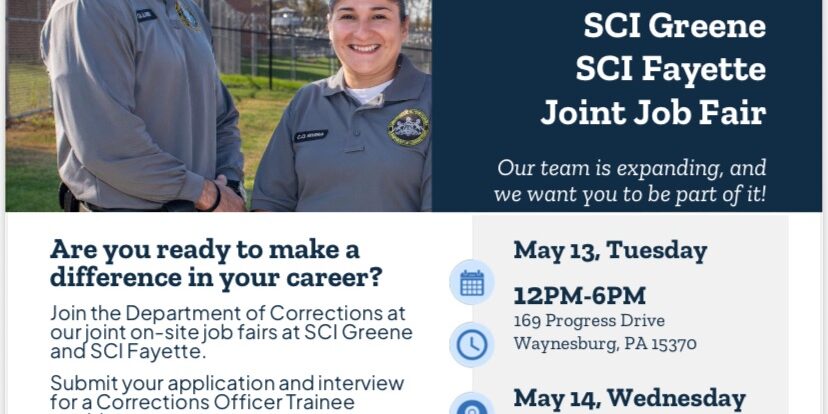 Flyer for a Pennsylvania Department of Corrections joint job fair at SCI Greene and SCI Fayette featuring two corrections officers. Events are May 13 in Waynesburg and May 14 in Labelle from 12–6 PM, with opportunities to apply and interview for corrections and other positions.