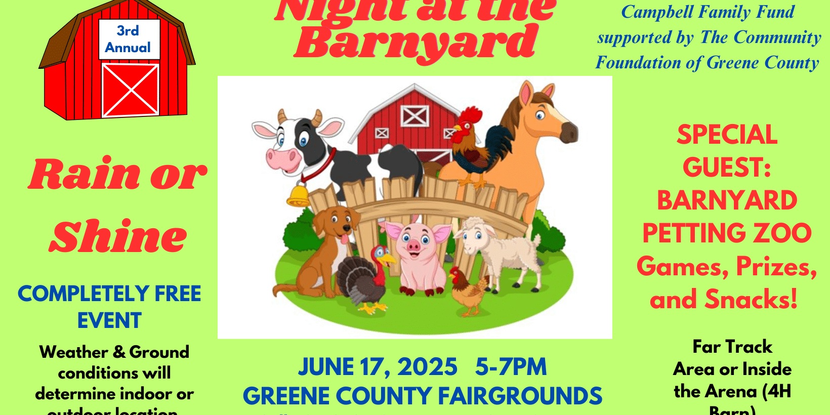 Flyer for “Night at the Barnyard,” the 3rd Annual free community event on June 17, 2025, from 5–7 PM at the Greene County Fairgrounds. Rain or shine event featuring a special guest barnyard petting zoo, plus games, prizes, and snacks.