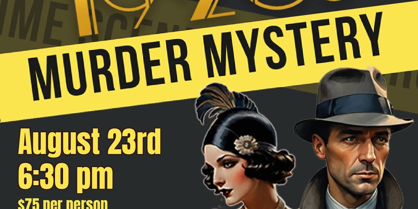 Promotional graphic for a Roaring 1920s Murder Mystery at the Carriage House, showing a 1920s-style woman in a flapper dress and a man in a trench coat and fedora. Event details: August 23rd at 6:30 pm, $75 per person, dinner and mystery, reservation required. Address: 145 W High Street, Waynesburg, PA, with contact info.