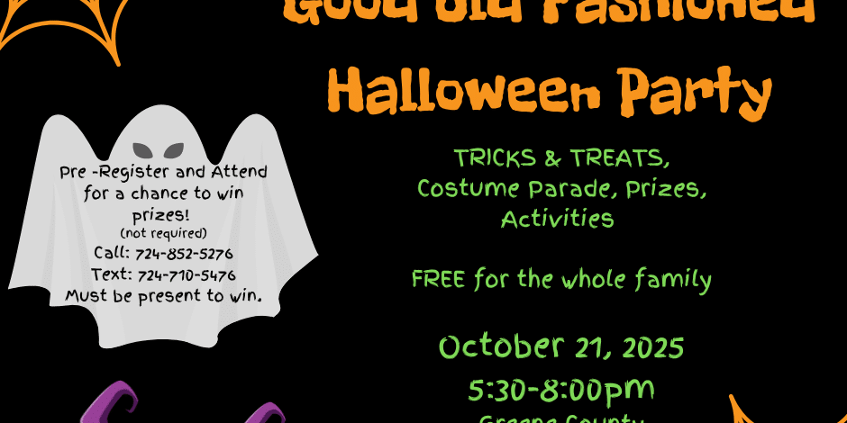 Flyer for the “Good Old Fashioned Halloween Party” hosted by Greene County Early Intervention and LICC, featuring tricks and treats, a costume parade, prizes, and activities. Free family event on October 21, 2025, from 5:30–8:00 PM at the Greene County Fairgrounds Arena, with Halloween graphics including pumpkins, spider webs, and a ghost.