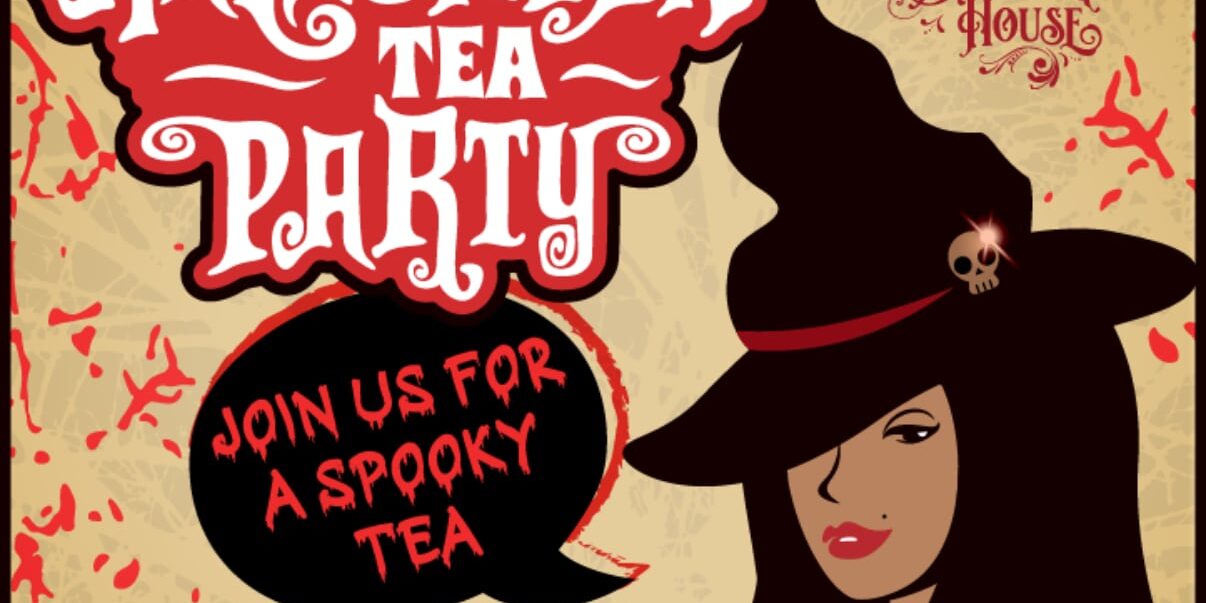 Poster for a “Halloween Tea Party” at The Penn House on Saturday, October 25 at 12 noon. The design features a stylized woman wearing a witch hat with a skull accent and the text “Join us for a spooky tea.” Guests are invited to come in costume or as they are. Cost is $30 per person. Reservations required by calling 724-710-8056 or emailing innkeeper@dennyhousewbg.com.