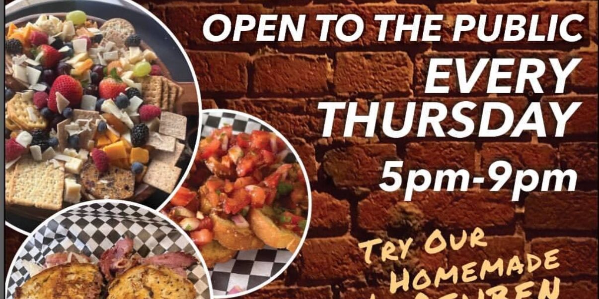 Promotional graphic for The Denný House Carriage House announcing it is open to the public every Thursday from 5–9 PM, featuring photos of food including a charcuterie board, bruschetta, and a Reuben sandwich, with a note to try the homemade Reuben and listing the address at 145 W. High Street in Waynesburg.