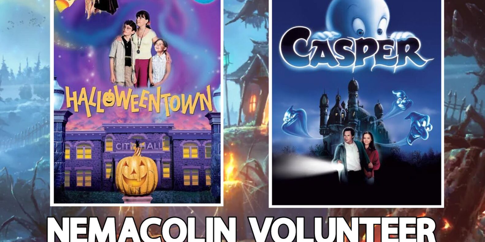 Promotional poster for the Nemacolin Volunteer Fire Department Pop-Up Drive-In Movies and Wing Night event. The poster features two movie covers: Halloweentown on the left and Casper on the right. Text reads: “Nemacolin Volunteer Fire Department, 400 Roosevelt Blvd, Nemacolin, PA 15351. Friday, October 31, 2025. Movies start at 6:45. Kitchen opens at 5:30 PM. No outside food or drink.” The top of the poster includes logos for “Pop-Up Drive-In Movies” and “Nemacolin Wing Night,” with a festive Halloween background showing pumpkins, bats, and a glowing moon.