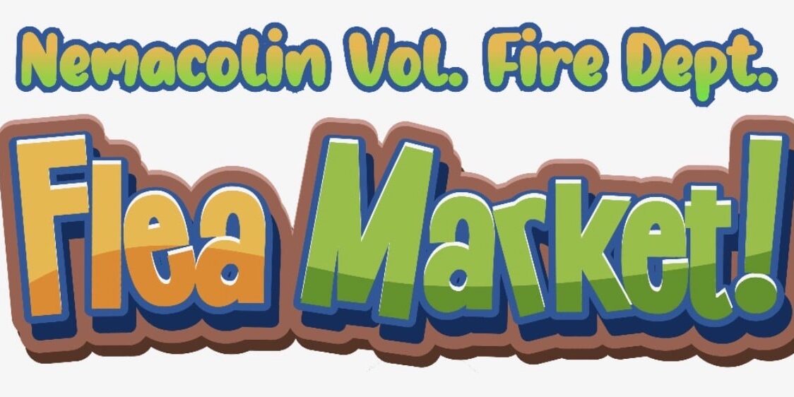 Colorful logo reading ‘Nemacolin Vol. Fire Dept. Flea Market!’ with playful, bold lettering in green, blue, and orange.