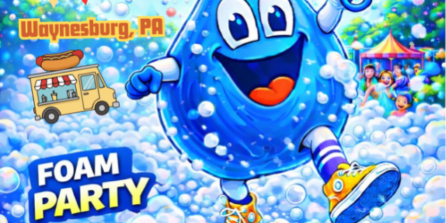 Colorful poster for the Rain Day Festival on July 29 in Waynesburg, PA featuring a smiling blue raindrop mascot holding an umbrella in a foam-filled scene with a rainbow overhead. Highlights include a foam party, live music, kids games, food trucks, craft booths, and free admission.