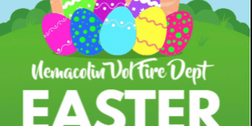Flyer for Nemacolin Volunteer Fire Department Easter Egg Hunt featuring a cartoon bunny in a basket with colorful eggs. Event is Saturday, March 28; doors open at 12:30 PM and egg hunt begins at 1:30 PM. Free egg hunt with Chinese auction and Easter Bunny appearance; free hot dogs for children and other food available for purchase. Registration required via Facebook or email.