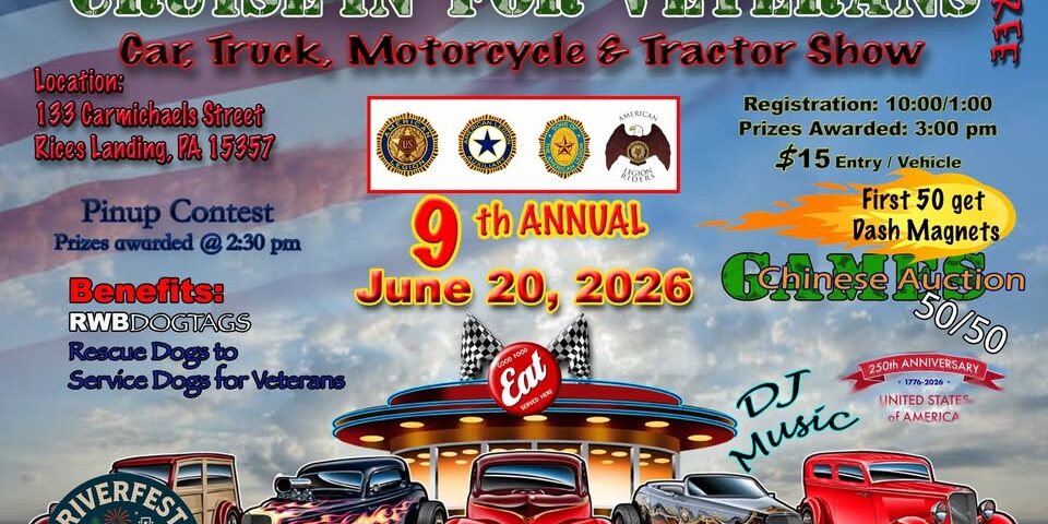 Cruise-In For Veterans Flyer for the 9th Annual Cruise-In for Veterans car, truck, motorcycle, and tractor show hosted by Brooks-Crago American Legion Post 816. Event takes place June 20, 2026, at 133 Carmichaels Street, Rices Landing, PA 15357. Registration is from 10 a.m.–1 p.m., prizes awarded at 3 p.m., and entry is $15 per vehicle. Spectators are free. Event includes a pinup contest with prizes at 2:30 p.m., Chinese auction, 50/50 raffle, DJ music, vendors, live music, food, beverages, fireworks at 9 p.m., and the first 50 participants receive dash magnets. Benefits RWB Dog Tags, supporting rescue dogs to service dogs for veterans. Flyer features an American flag background, classic hot rod cars, and Riverfest Rices Landing branding.